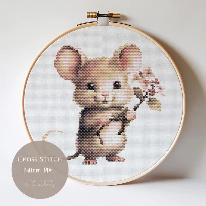 かわいいネズミのクロスステッチパターン｜ネズミの花の刺繍デザイン