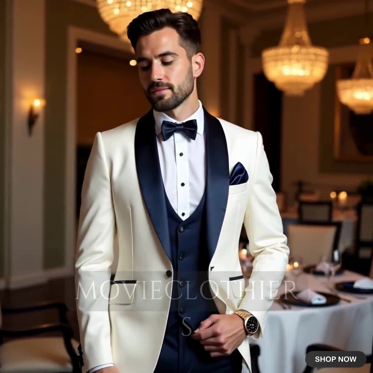 Groom Dark Blue and White Tuxedo – Elegant Shawl Lapel White Jacket with  Navy Waistcoat and Pants – Custom Fit Designer Contrast Groom Suit