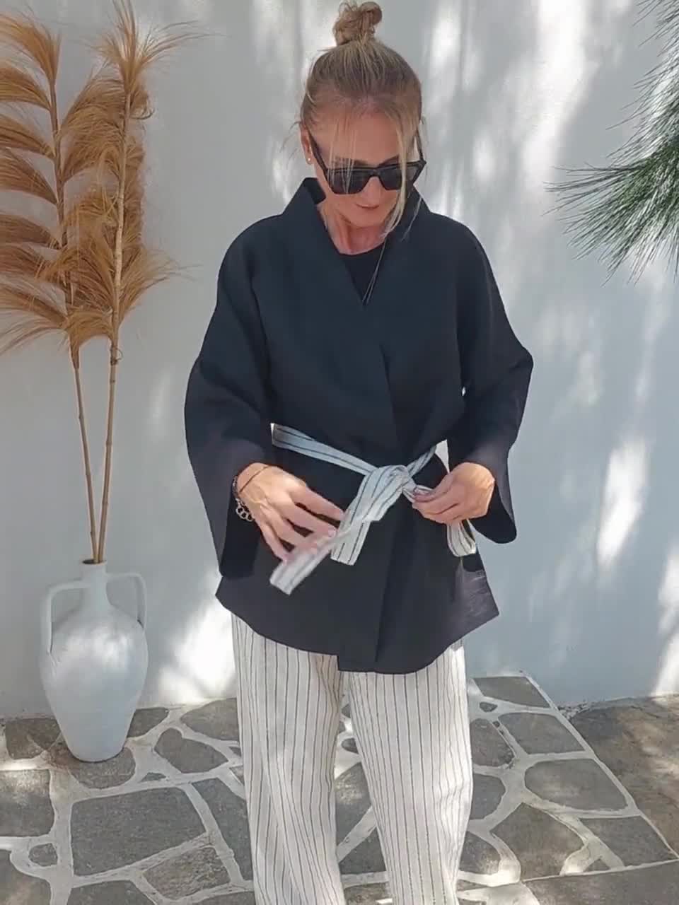 Black Short Linen Kimono With Birthflower Embroidery, Unique