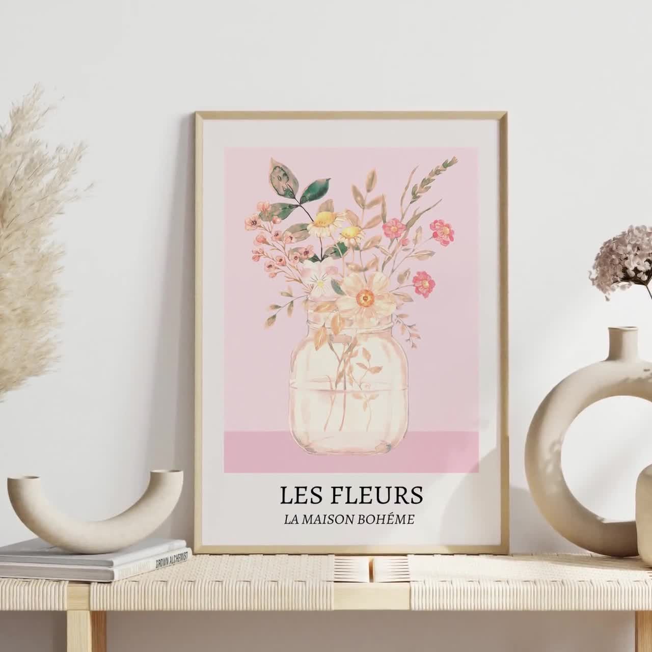 プリント　「Les Fleurs」フランスヴィンテージ　ガラス　額装 プリント 「Les Fleurs」フランスヴィンテージ ガラス 額装