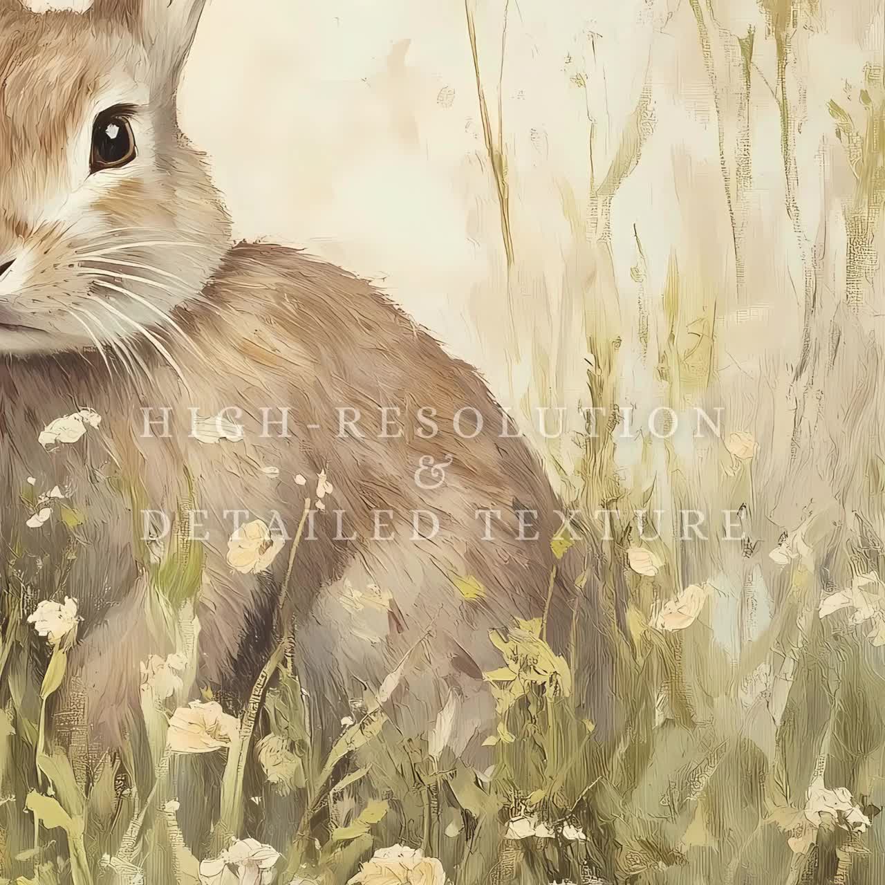 Vintage Easter Bunny Wall Art Printable, Spring Rabbit Oil