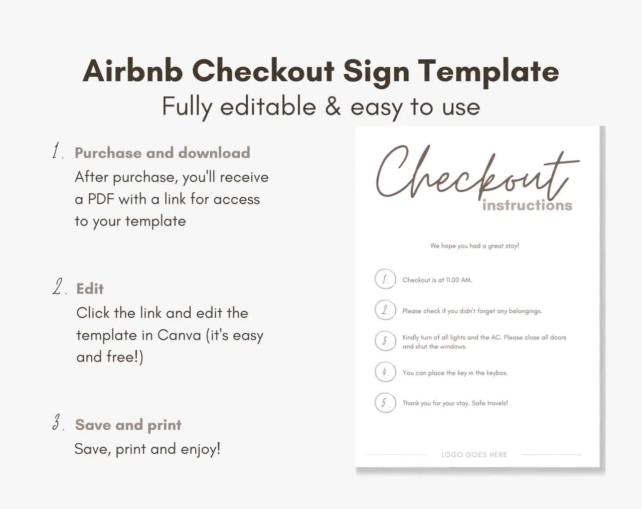 Checkout Instructions Sign Template Airbnb Guest and Host, Holiday Vacation  Rental VRBO, Digital and Fully Editable in Canva, Neutral