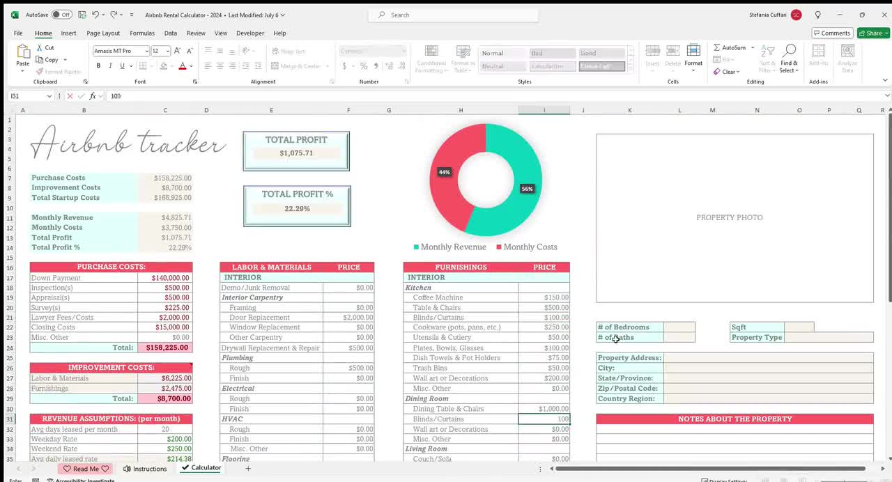 Airbnb Rental Calculator: Real Estate Budget Planner Excel & Google Sheets  Digital Download