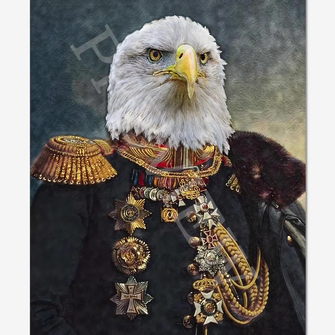 Bald Eagle Art Print Vintage Historical Painting Style Portrait of an American Eagle Bird of Prey in Military Uniform Animal Lover Gift