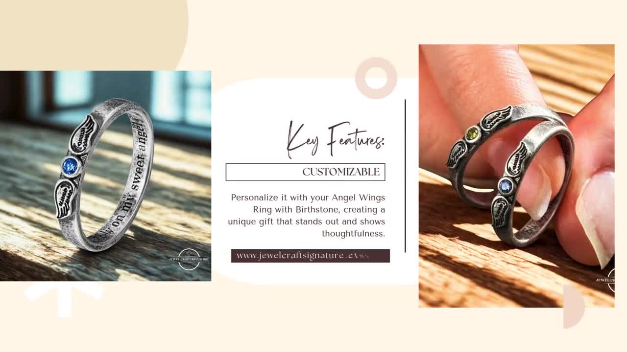 Benutzerdefinierte Engelsflügel Ring mit Geburtsstein, personalisierte Minimalist Memory Ringe Schmuck, Messing handgemachte Schlüsselring, Geschenk für Mutter, Frau, Liebhaber video poster