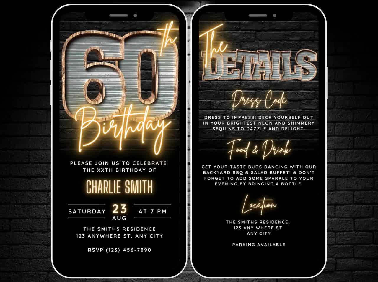 Digital 60th Birthday Invitation for Men, 60 Digital Invite eCard, Rustic  Sixty BBQ Party Invite for Him, Editable 60 Invitation Template, image size:1280x958