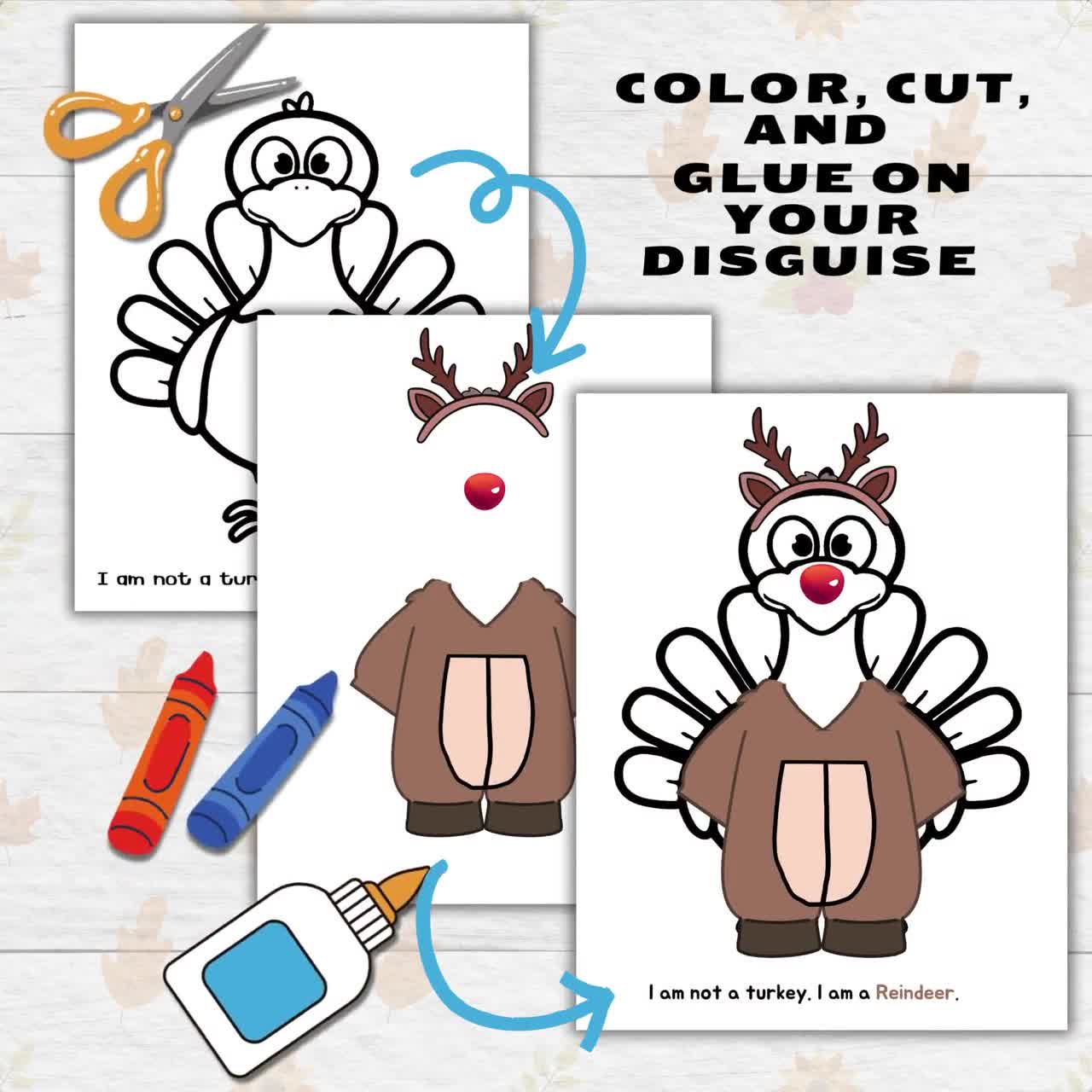 disguise a turkey thanksgiving printable crafts for kids and toddlers,  reindeer turkey in disguise, turkey paper doll printable craft