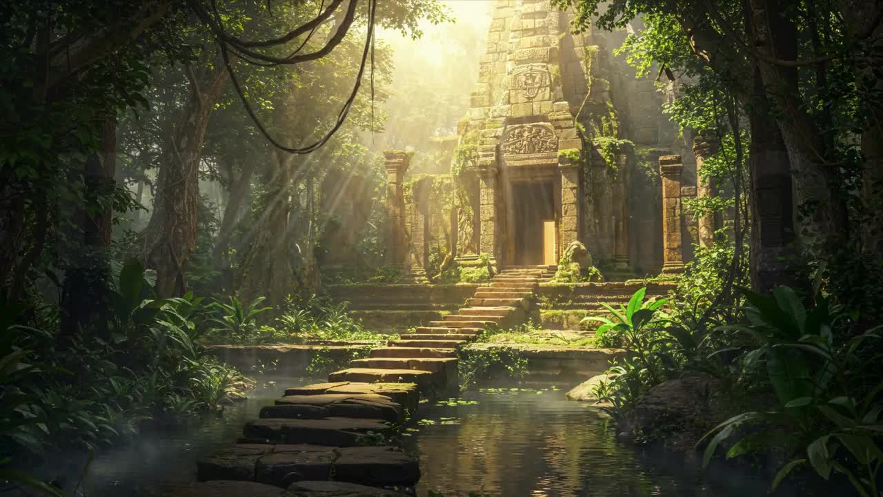 Fondo animado / Ruinas de un templo en la jungla / Aventura en el mundo  perdido / Piedras antiguas / Aguas tranquilas / Descarga digital MP4 para  streaming / AB503, image size:1280x720