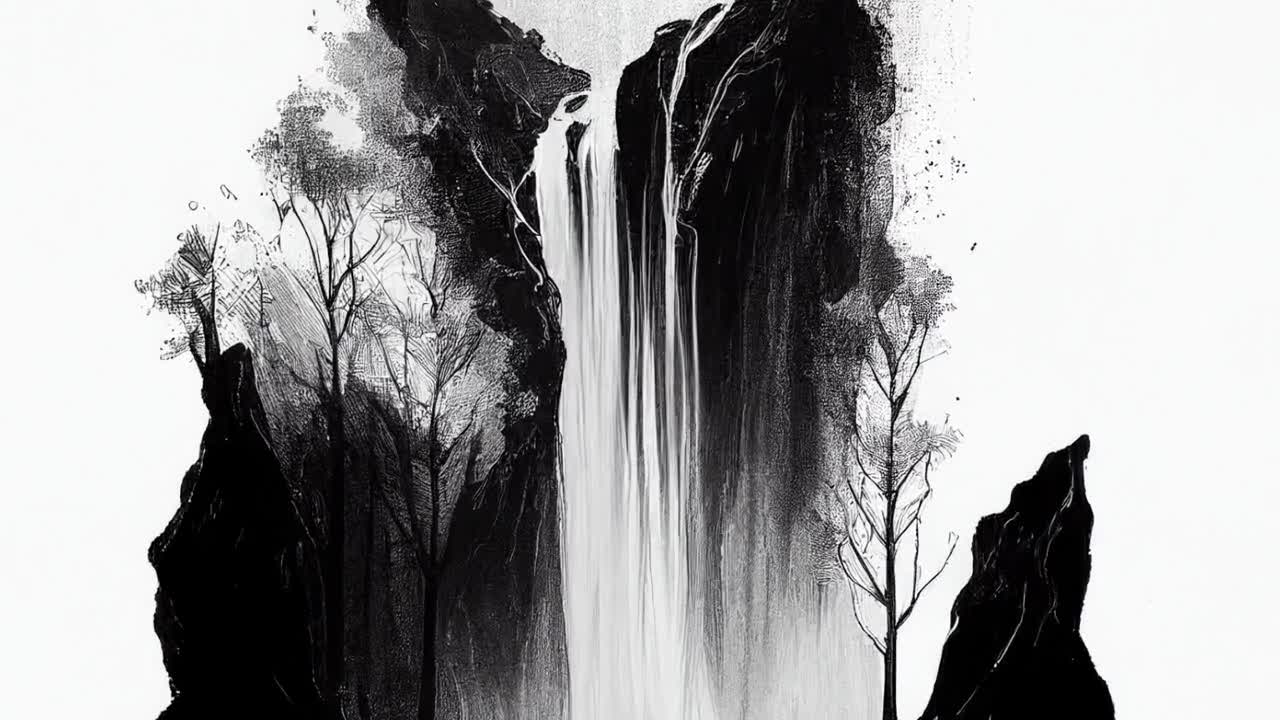 waterfall black and white drawing
