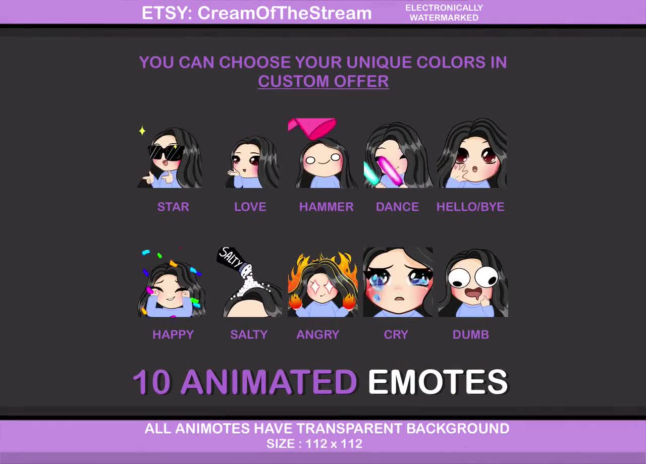 Pack of 10pcs ANIMATED girls emotes ( girl Elisa: black hair | brown eyes |  pale skin) perfect for Twitch, Discord etc.