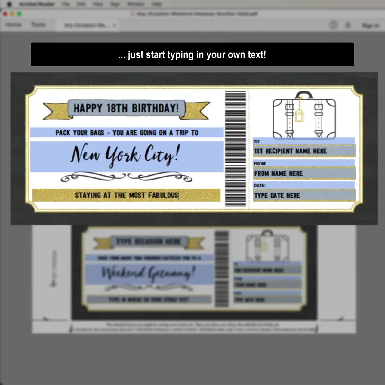 Weekend Away Voucher Template Gift Certificate Ticket Card - Printable  Birthday Trip, Getaway, Pack Your Bags, Hotel Stay - INSTANT DOWNLOAD