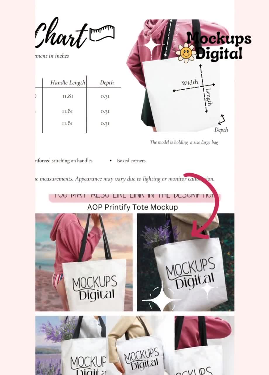 AOP Tote Sizing Chart & Mock Up All Over Print Bags Mockup 