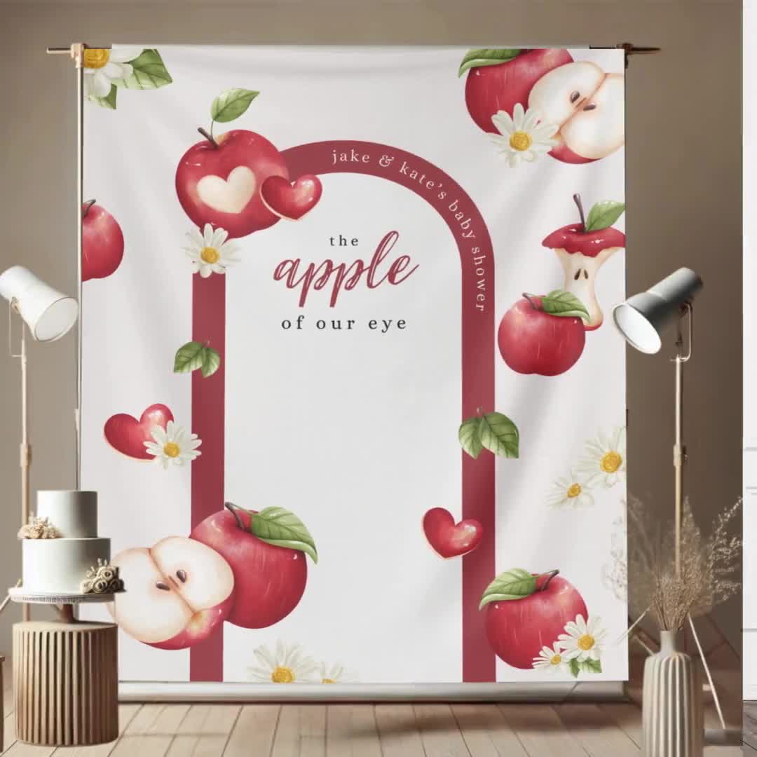 Banner de cumpleaños o baby shower "La Manzana de Nuestros Ojos", temática de otoño de manzana roja con margaritas, decoración de fiesta para el 1.er, 2.º o 3.er cumpleaños o baby shower video poster