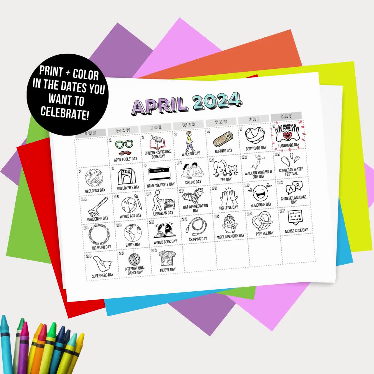 Printable April 2024 Holiday Calendar, Fun National Holidays, PDF Download,  Coloring Page, Monthly Calendar for Kids, Family and Teachers - Etsy