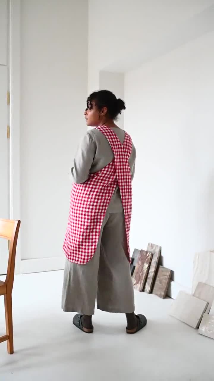 Rita Red Gingham Apron - Pinafore Apron - Gingham Linen Apron