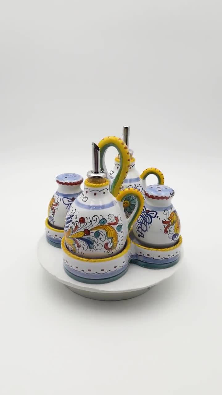 Oil, Vinegar, Salt & Pepper Set With Steel Pourer Decorated in  Raffaellesco. Deruta Artistic Ceramic. Hand Painted. MADE IN ITALY. 