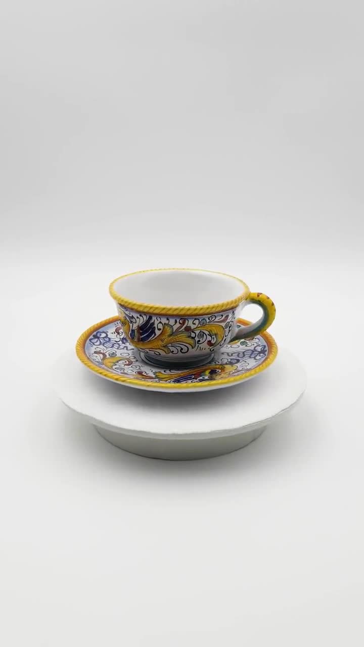 Flared Bell-shaped Tea Cup With Matching Saucer Plate Decorated in  Raffaellesco. Deruta Artistic Ceramic. Hand Painted. MADE IN ITALY. 