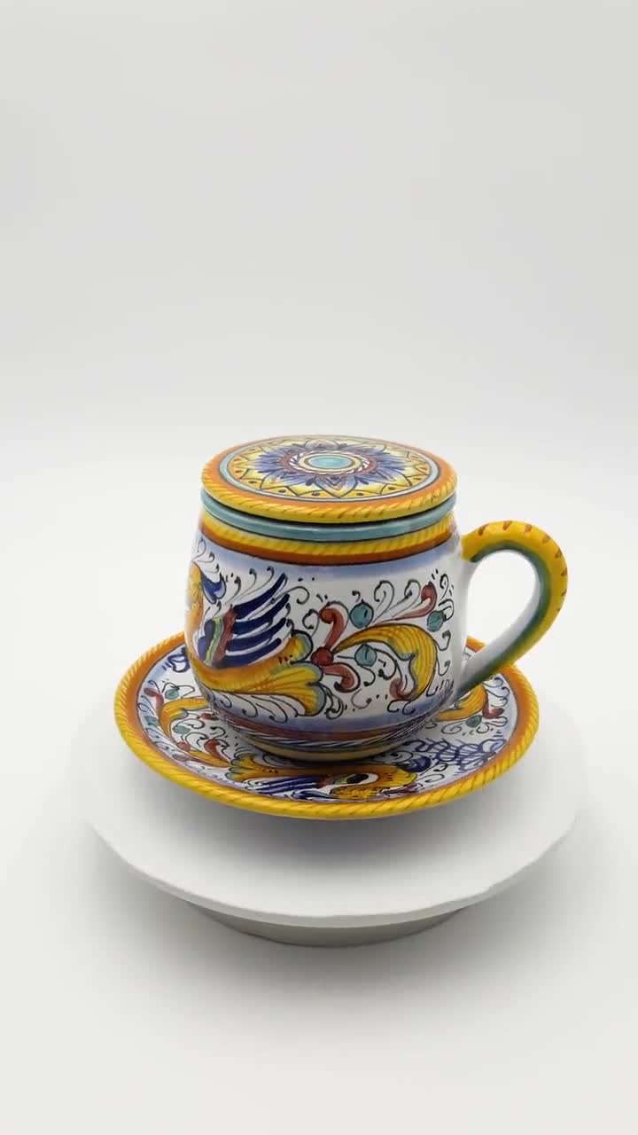 Tisaniera / Infusiera con Tazza da tè, coperchio e piatto abbinato in Raffaellesco  Ceramica artistica di Deruta dipinta a mano MADE IN ITALY -  Italia