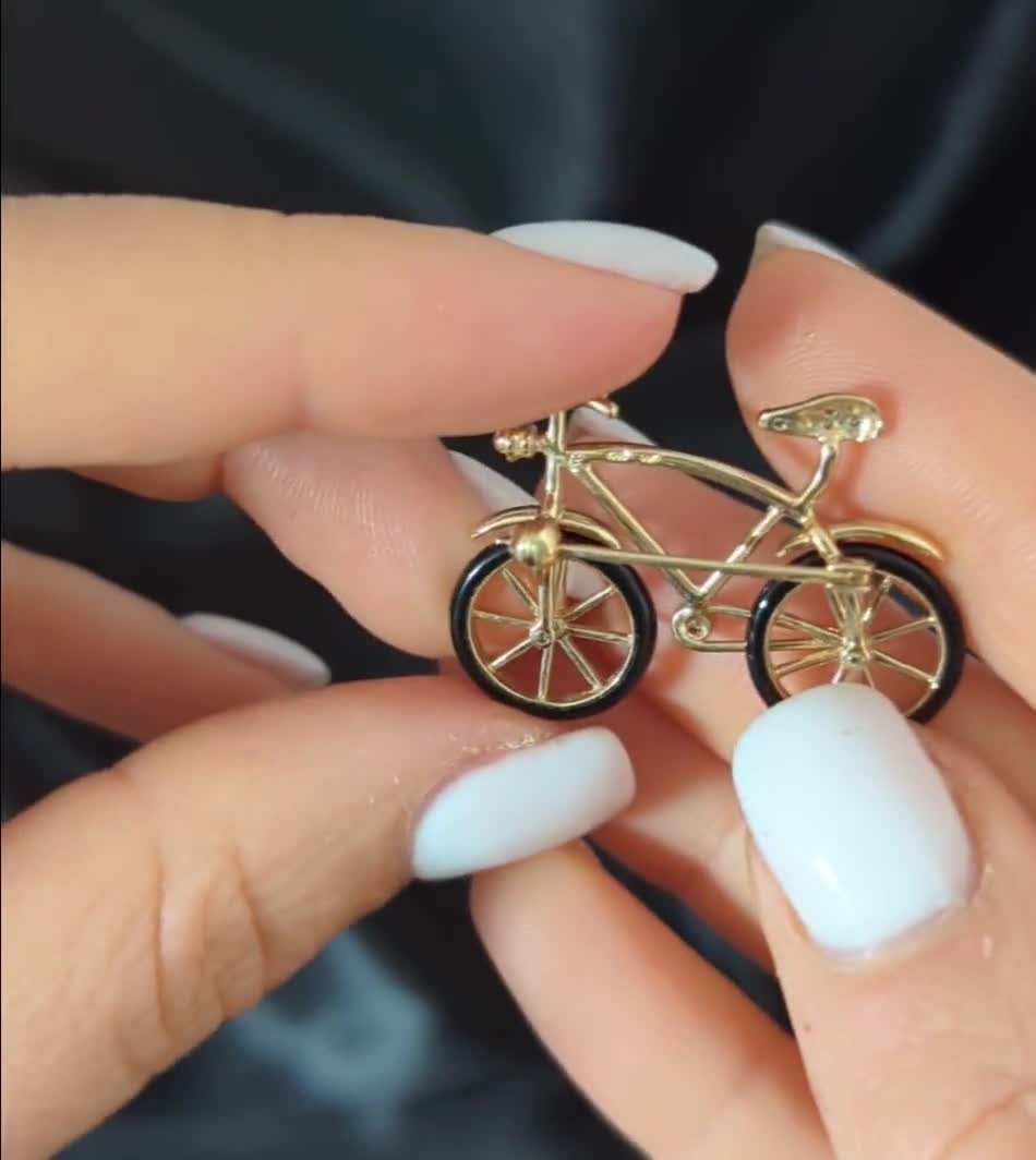Articulated Bicycle Diamonds Onyx 14k Yellow Gold Spinning