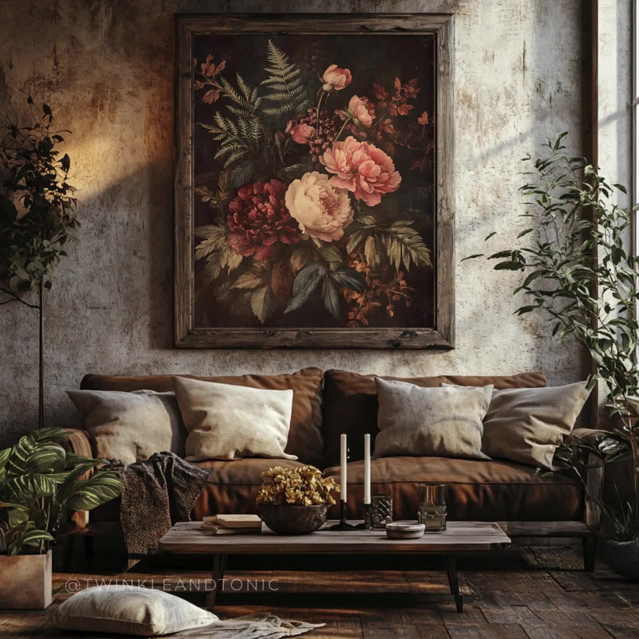 Vintage Fall Floral Wall Art, Moody Peonies Poster, Dark Flower
