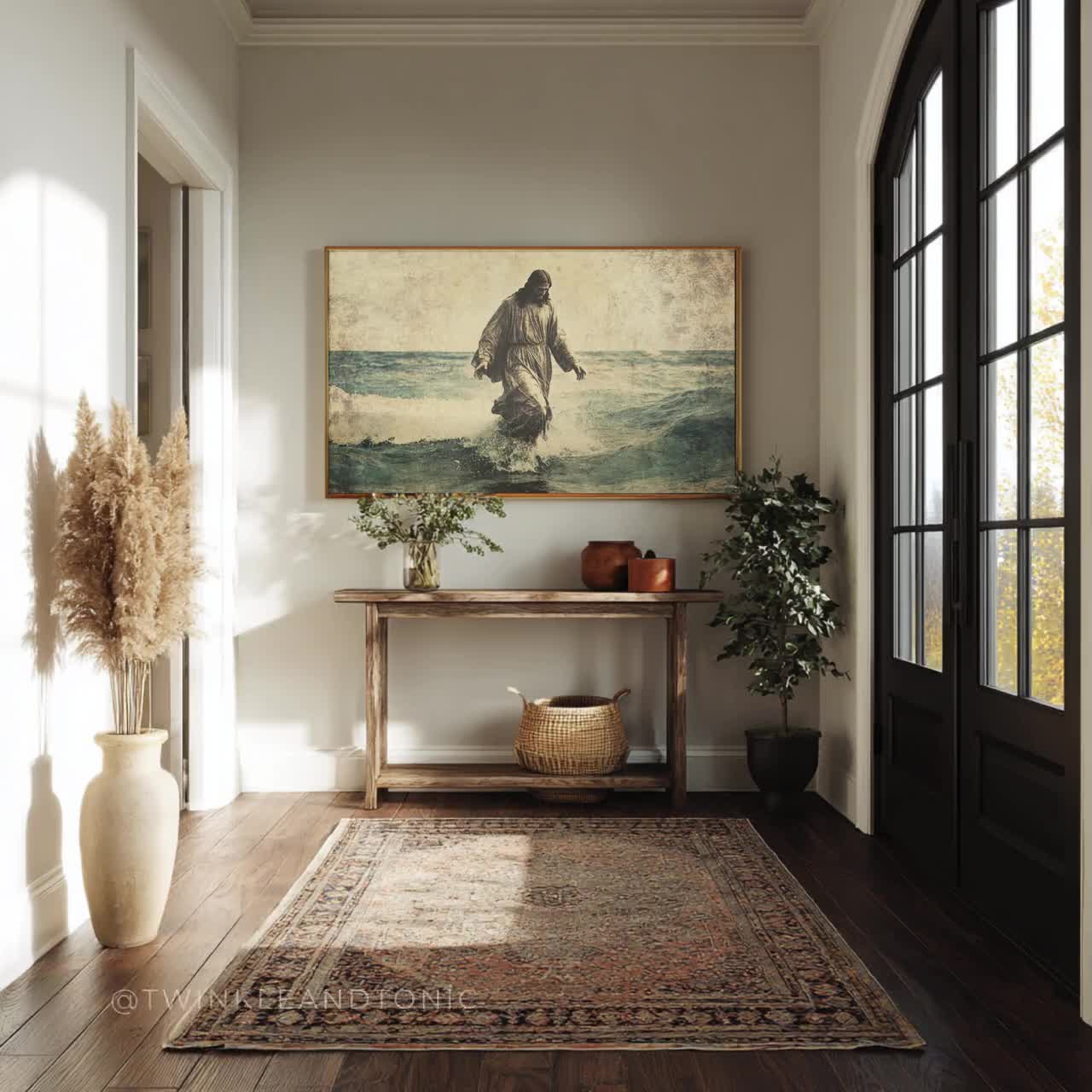 水上を歩くイエスのアート、キリスト教の室内装飾、ヴィンテージの海のポスター、宗教的なプリントギフト、素朴な農家の絵画、印刷して発送 イエスの聖心 壁  キャンバスアート 装飾 信仰 信仰 キリスト カトリック プリントポスター 写真 リビングルーム ダイニングルーム, image size:1280x1280