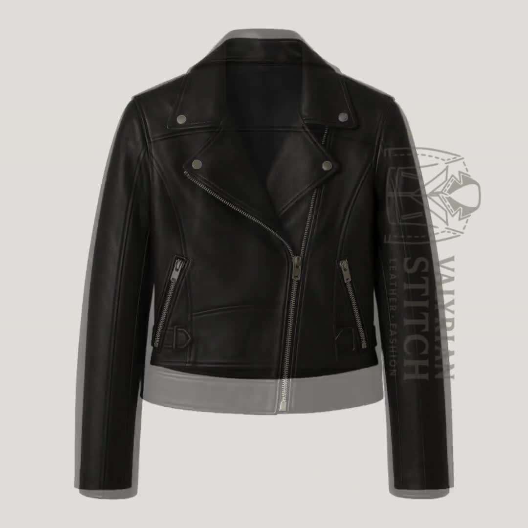 Asymmetrical Zip Leather Jacket | Women's Black Moto Coat | Classic Biker Leather Outerwear, image size:1080x1080