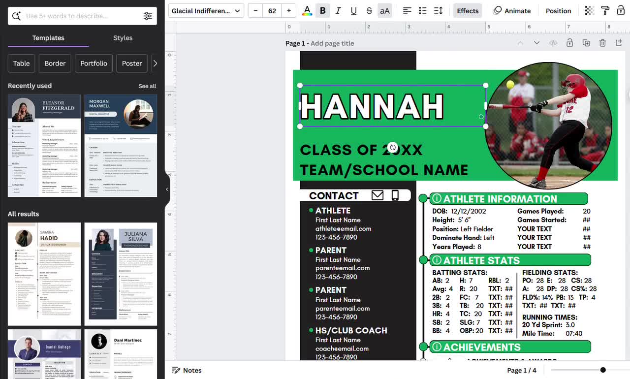 Perfil de jugador de sóftbol, Hoja de perfil de atleta, Reclutamiento universitario, Plantilla editable de Canva, Balón de viaje, Plantilla deportiva, Exhibiciones de campamentos video poster