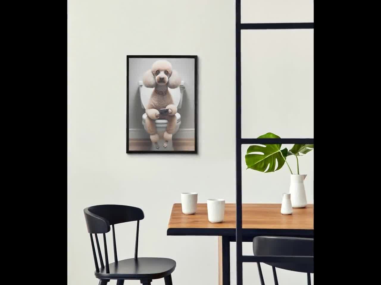 Break: Poodle on toilet with smartphone mobile funny animal poster WC  bathroom cell phone background wall art poster for download