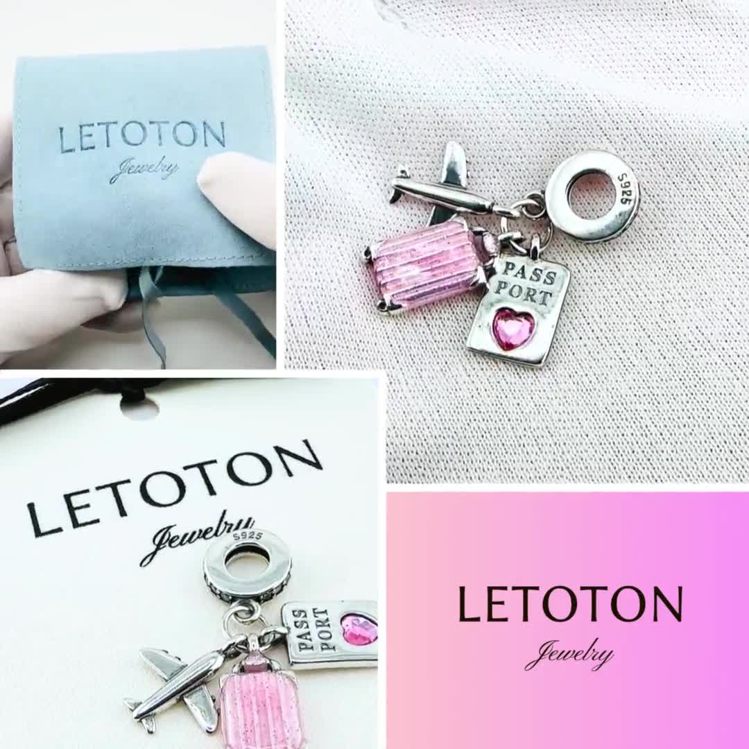 Travel Passport Charm Fits Pandora Bracelet, Pink Suitcase Plane