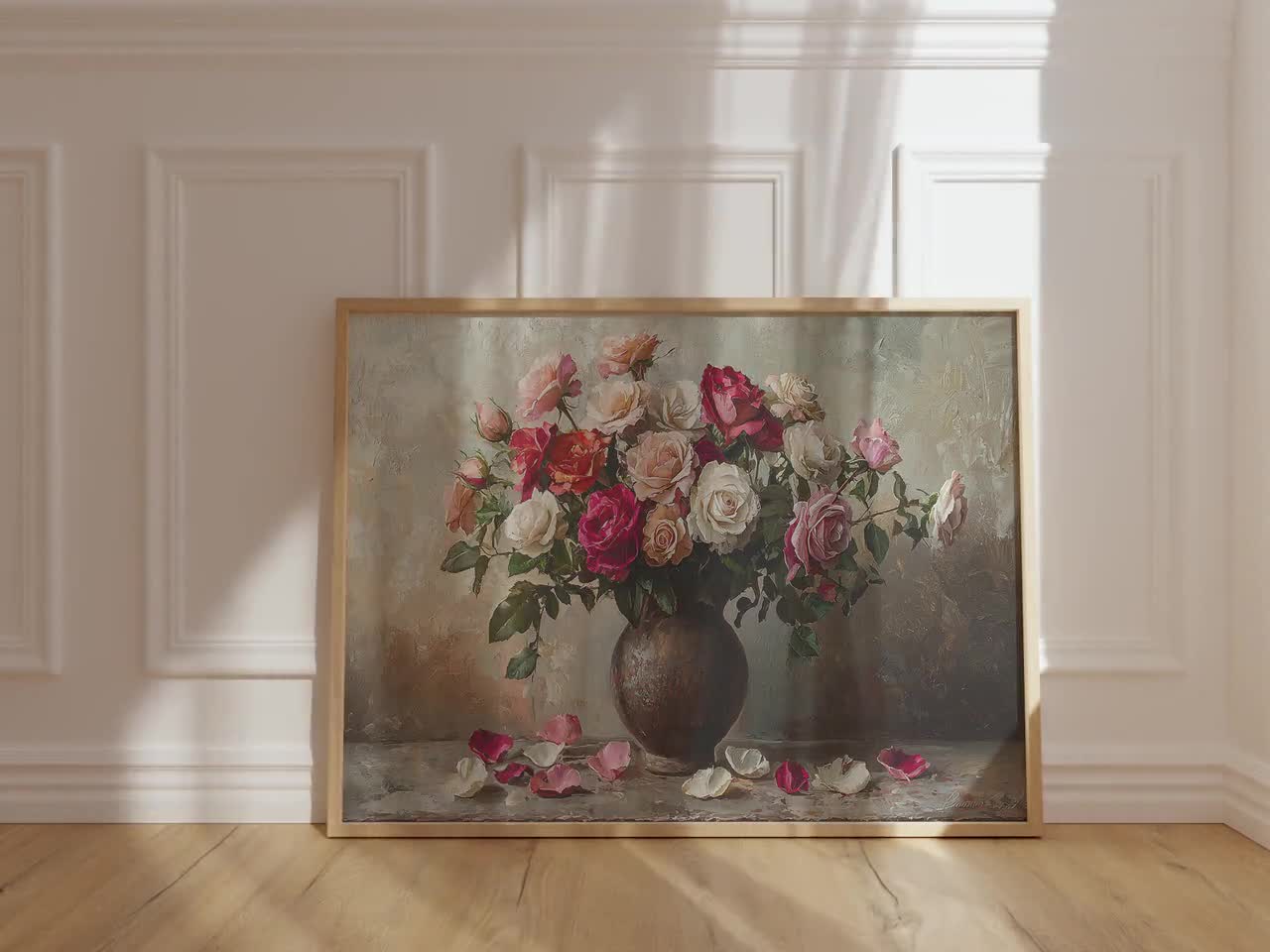 Vibrant Rose Bouquet in Antique Vase Wall Art, Flower Wall Art