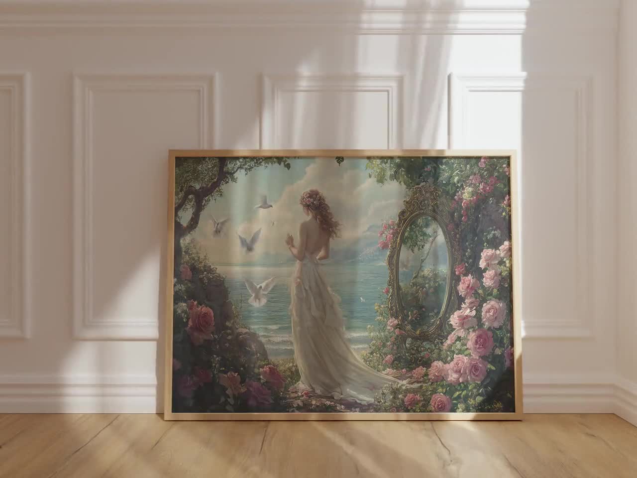 絵画 。壁掛け絵【神聖なヨーロッパの荘園でバラの花を楽しむ少女と魅力的な黒猫】 Amazon.co.jp: 北欧のバラの花のセクシーな女性の壁画の絵のキャンバス