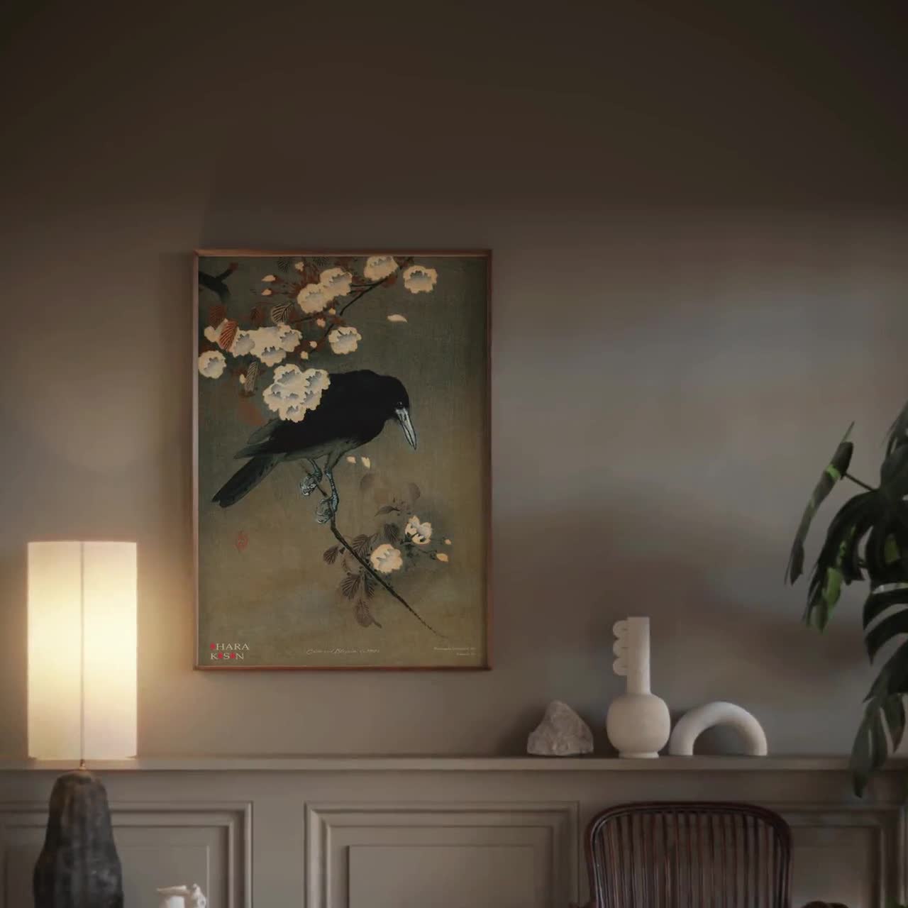 絵画　アート　インテリア　木製　木　ウッド　鳥　KORURI　小瑠璃　レア Crow and Blossom Gallery Wall Art Print Vintage Nature Japan