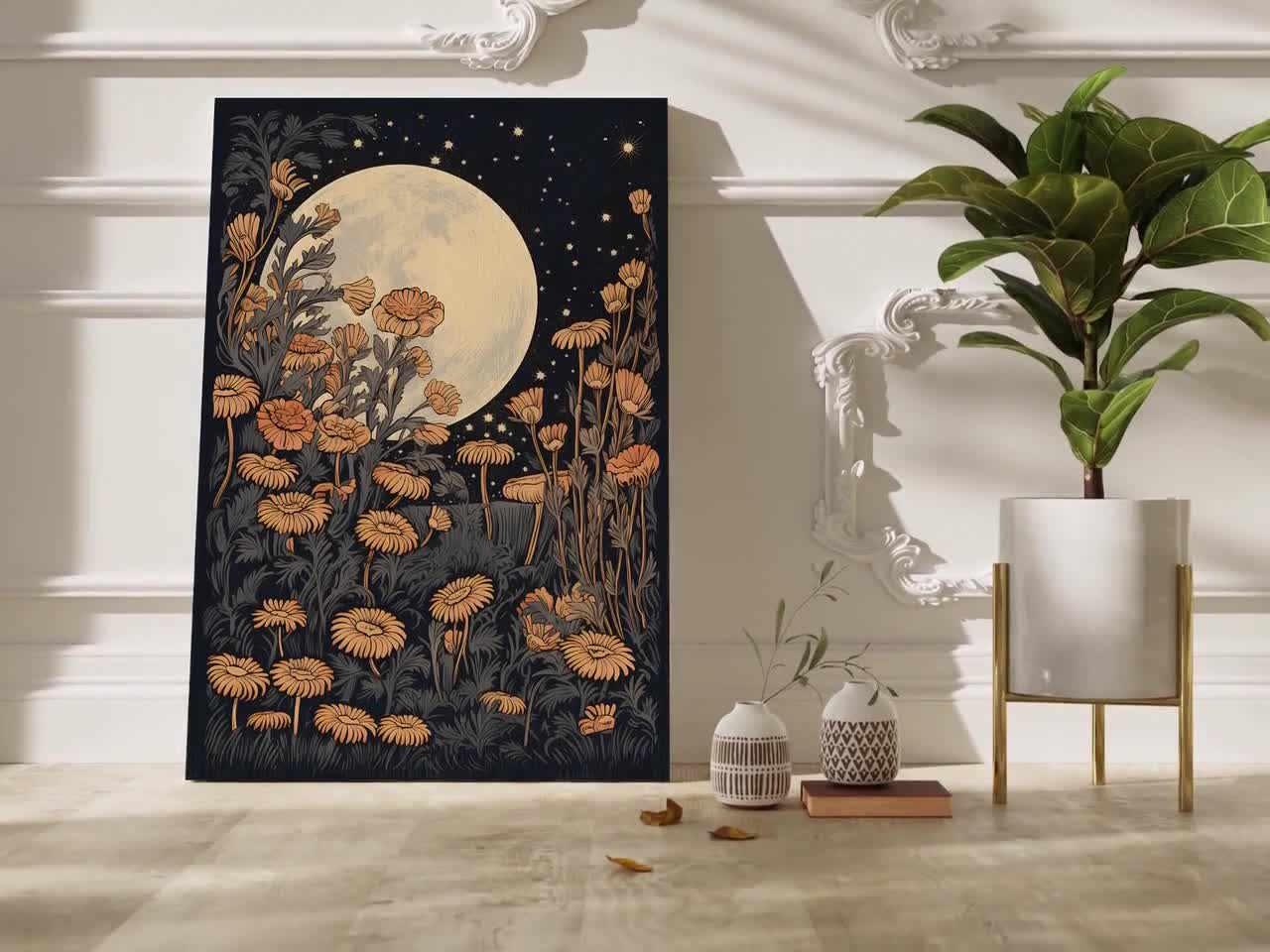 Moon and Flowers Vintage Block Print Style Wall Art or Canvas