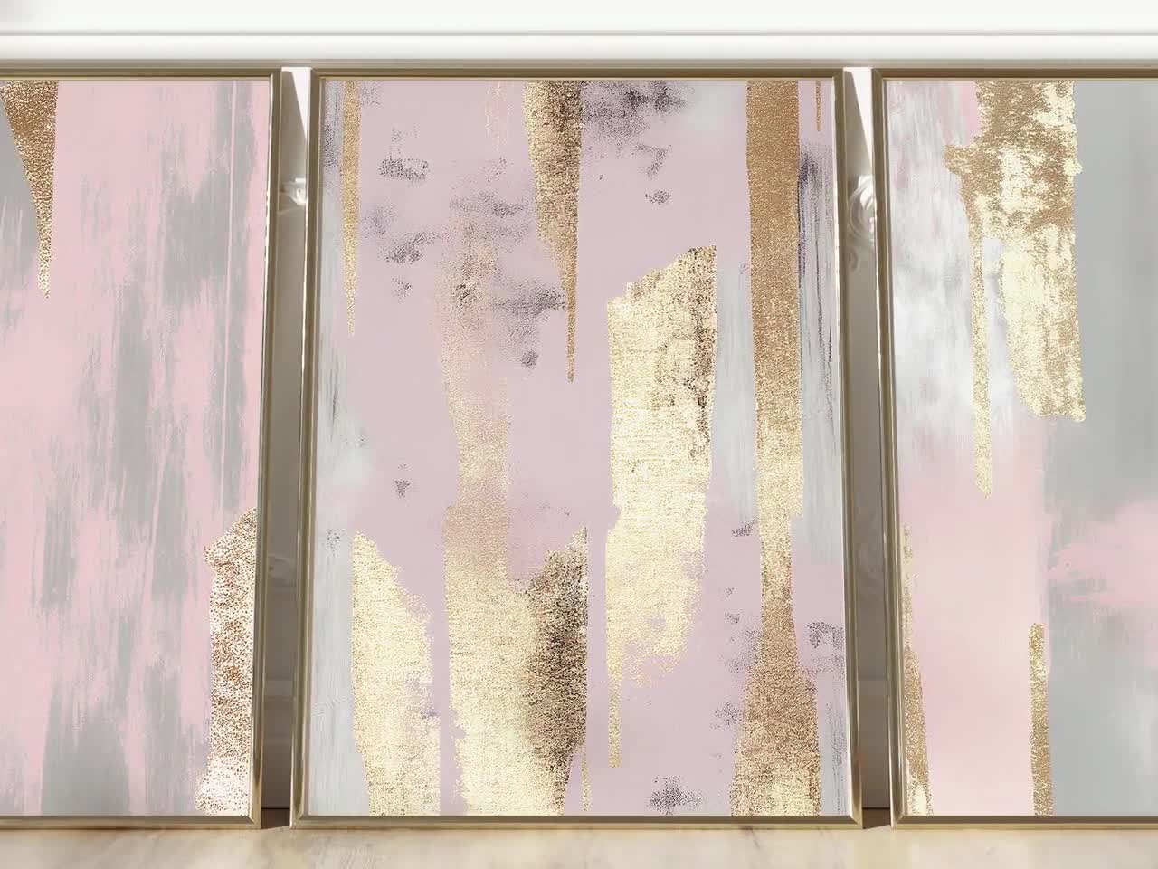 Set of 3 Modern Brush Set of - Room Etsy Room Prints, Decor, Art, Pink 3 Set Prints, Gold Abstract Living Wall Stroke Abstract Bedroom Blush Print