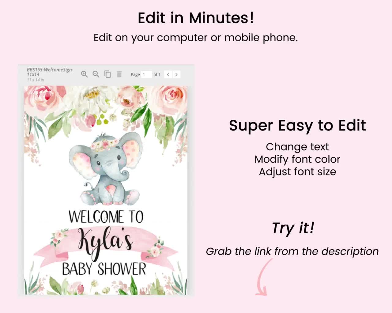 Editable Girl Elephant Welcome Sign Baby Shower, Floral Elephant Welcome  Poster Baby Shower, Pink Girl Elephant Baby Shower Decor, BBS155