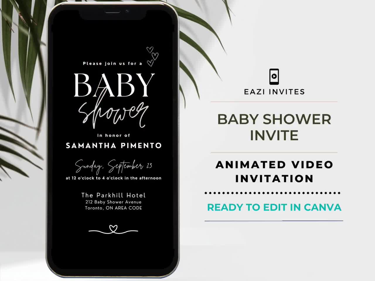 Minimalist Baby Shower Invite Video Photo Black Template | with Music |  Gender Neutral | Editable Digital Text Mobile Custom | For Boy Girl