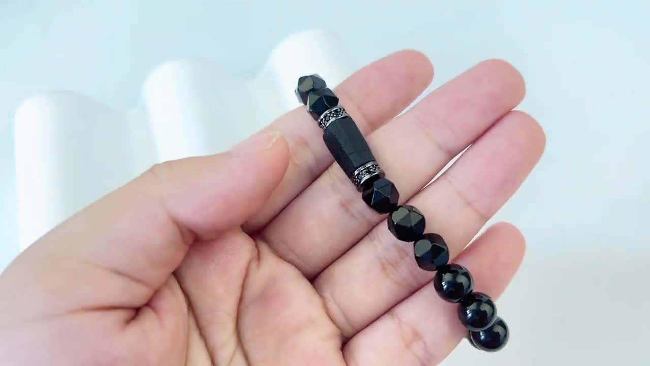 2 stuks zwarte toermalijn armband, zwarte obsidiaan parelarmband
