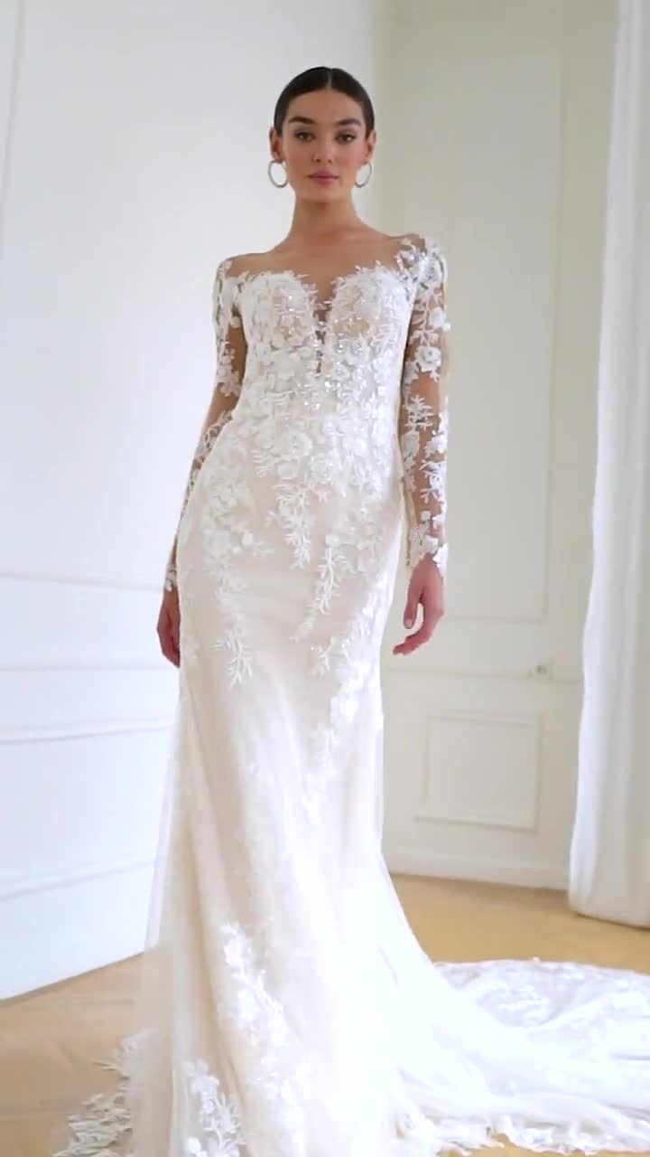 F221066 Elegant Long Sleeve Fit and Flare Gown with Plunging Neckline and  Sexy Sheer Back