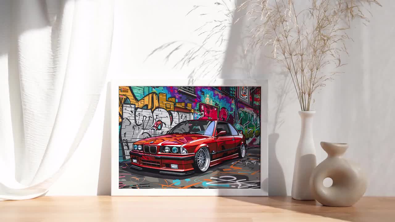 BMW E36 Graffiti Poster Print – Street Art Style Car Illustration