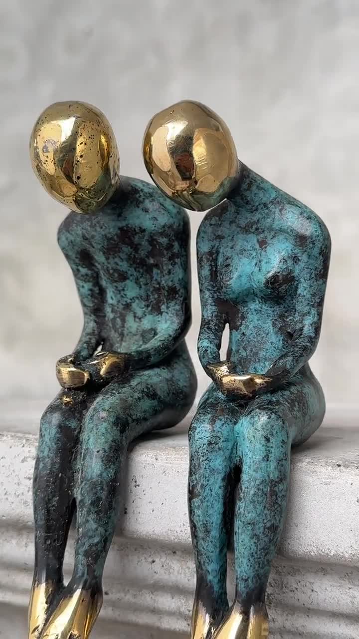 Sitting Couple Bronze Sculpture – Romantic Art, Patinated