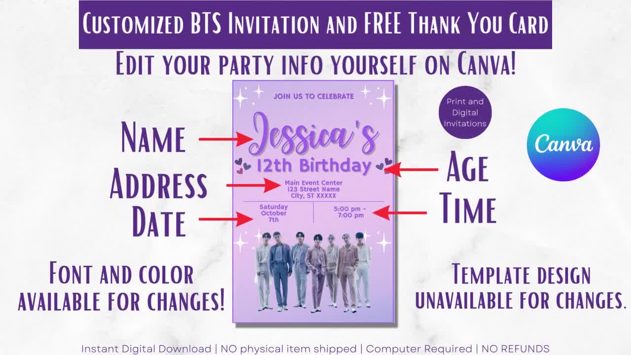 BTS Party Invitation Customizable Template DIY
