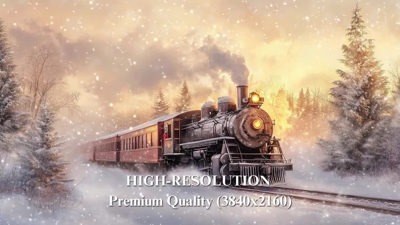 冬のクリスマスフレームTVアート、鹿、列車、農家（デジタル