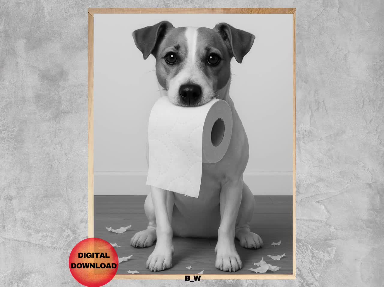 ジャック・ラッセル・テリアのトイレットペーパーアート、白黒犬のトイレポスター、ジャック・ラッセルのお母さんへのプレゼント、子供向けトイレユーモア、ダウンロード, image size:1280x958