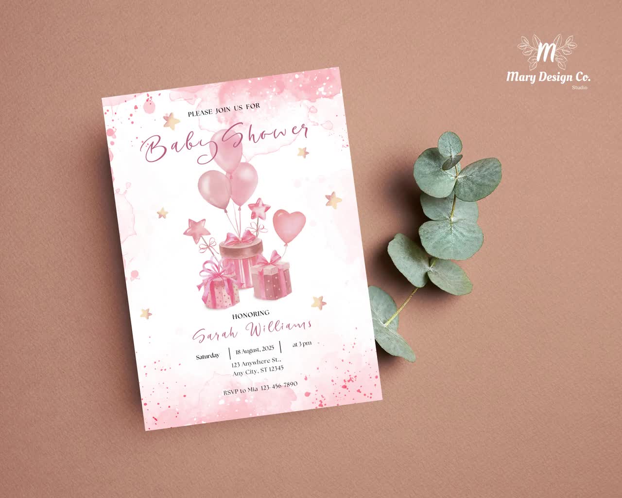 Pink Watercolor Baby Shower Invitation, Editable Template (Digital Download), image size:1280x1024
