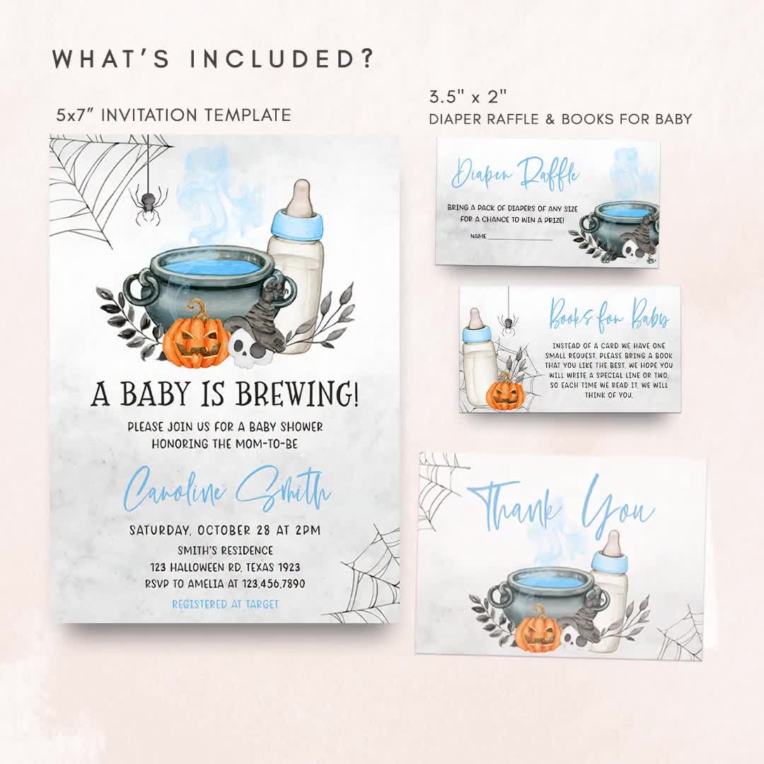 Editable Blue A Baby is Brewing Halloween Baby Shower Invitation Bundle,  Boy Halloween Baby Shower Invite Set, Blue Witch Baby Shower, 0493