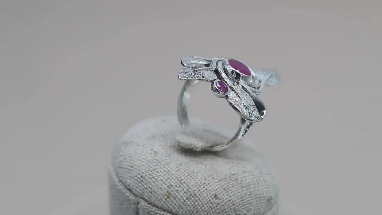 Bague Femme En Argent 925 Avec Rubis Naturel - Motif Feuilles - Taille 52 - Neuf Avec étiquettes
