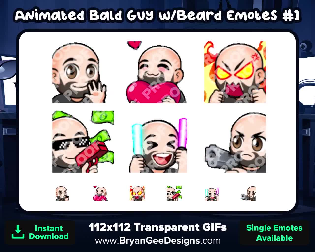 Animated Bald Guy with Beard Twitch Emotes Wave Love Rage Money Dono  Glowstick Rave Shoot for Streaming Kick, Discord, Rumble