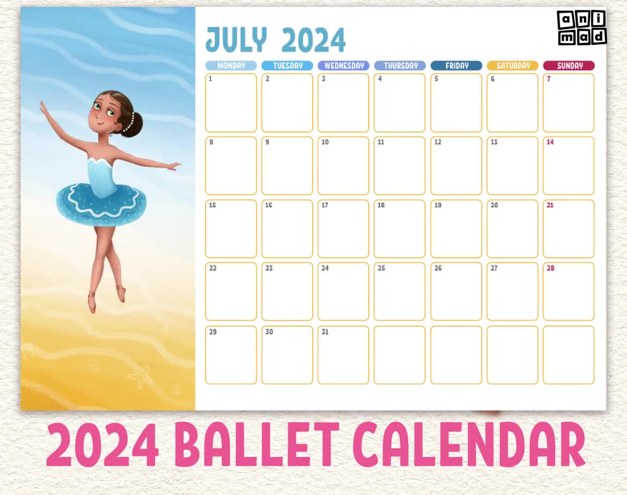 CALENDARIO BALLETTO STAMPABILE 2024 per ragazze, agenda mensile per  ballerine, regalo di Capodanno e Natale per piccole ballerine, arredamento  per lezioni di balletto -  Italia