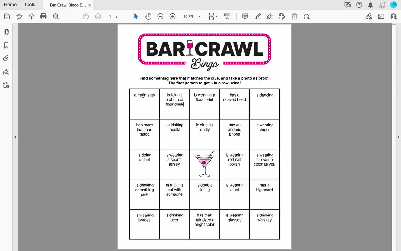 Editable Bar Crawl Bingo Game Printable Find Someone Who Bar Hopping Game For A Birthday Bar