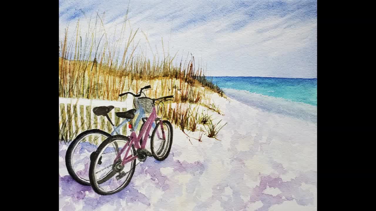 Sea Oats Beach Bike Art, Coastal Watercolor Painting, Bicycle Canvas Print,  Valentine Gift